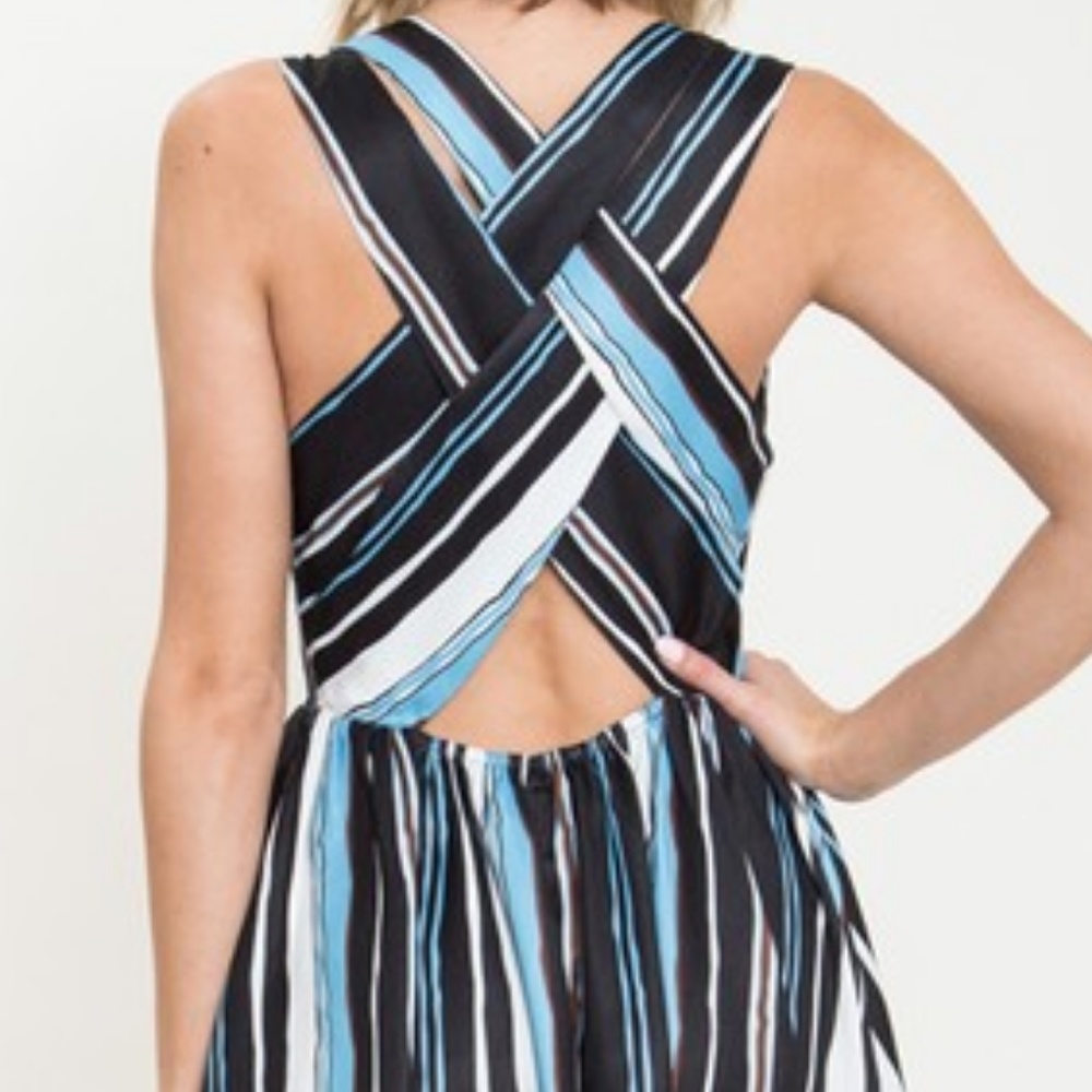 Cut Out Striped Midi Print A Line Dress - Picture 3 of 8